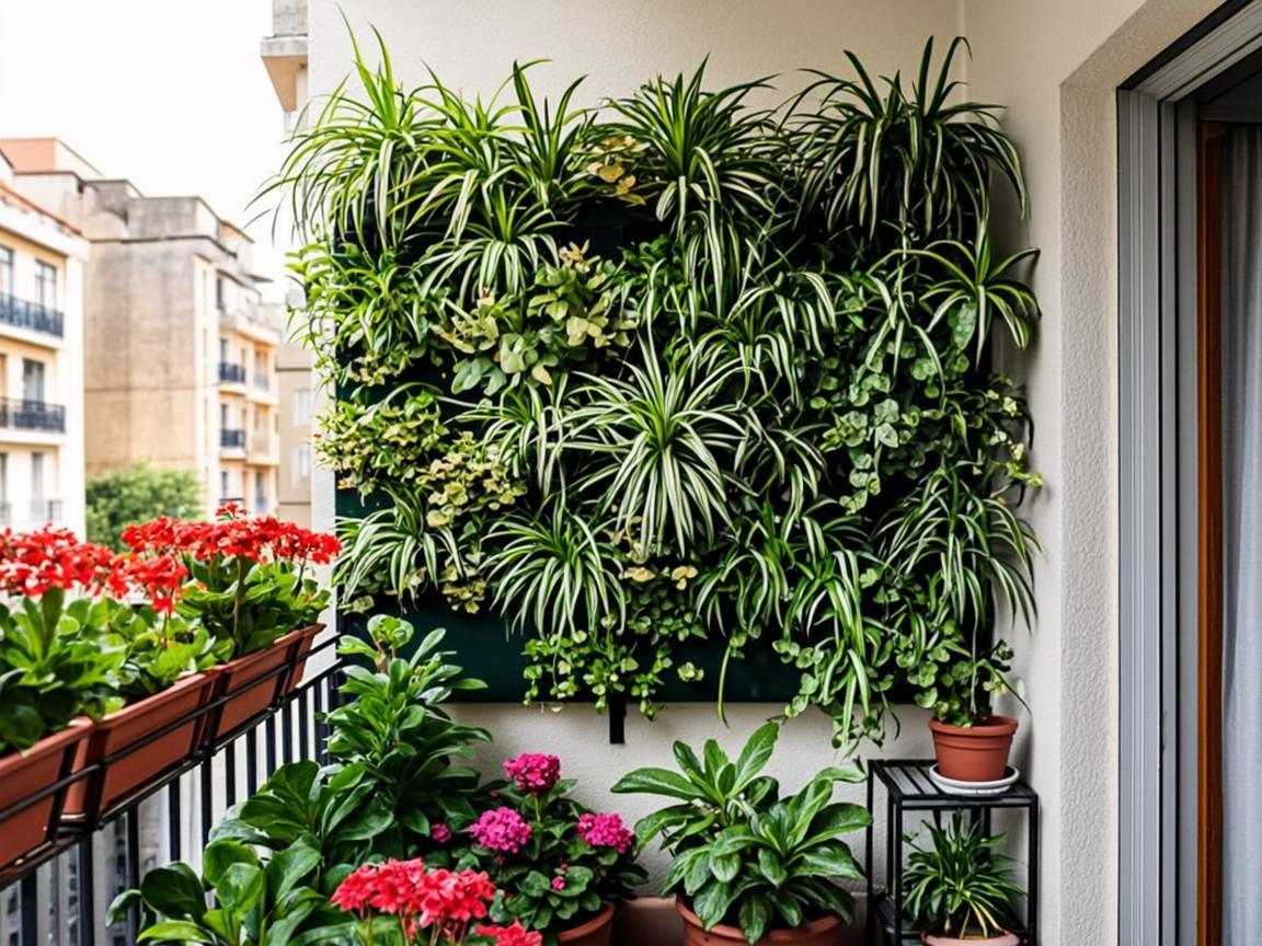 The same balcony after: felt wall planters, railing planters and a corner stand turn it into a lush garden