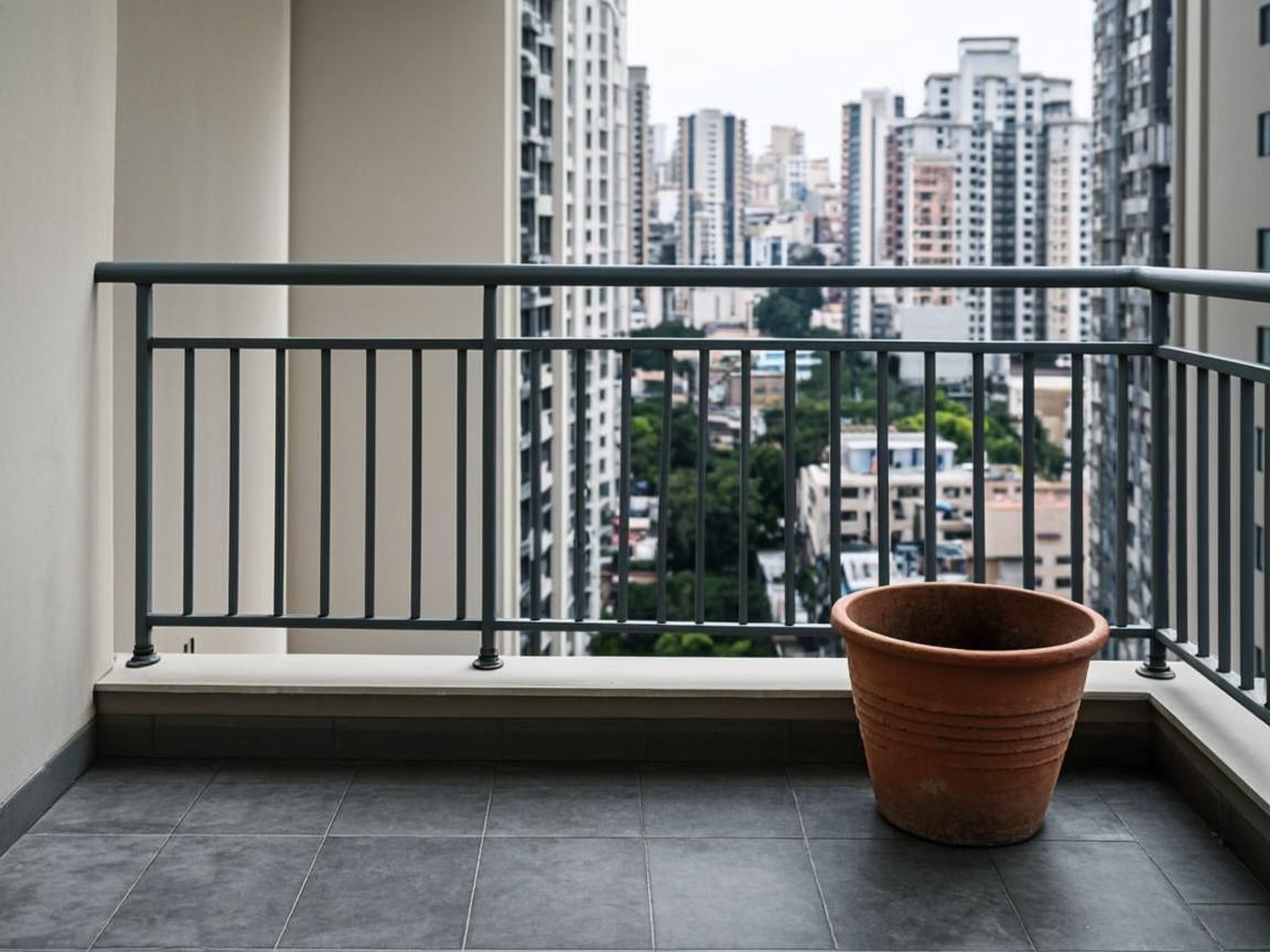 The balcony before: bare white wall, empty railing, grey concrete floor